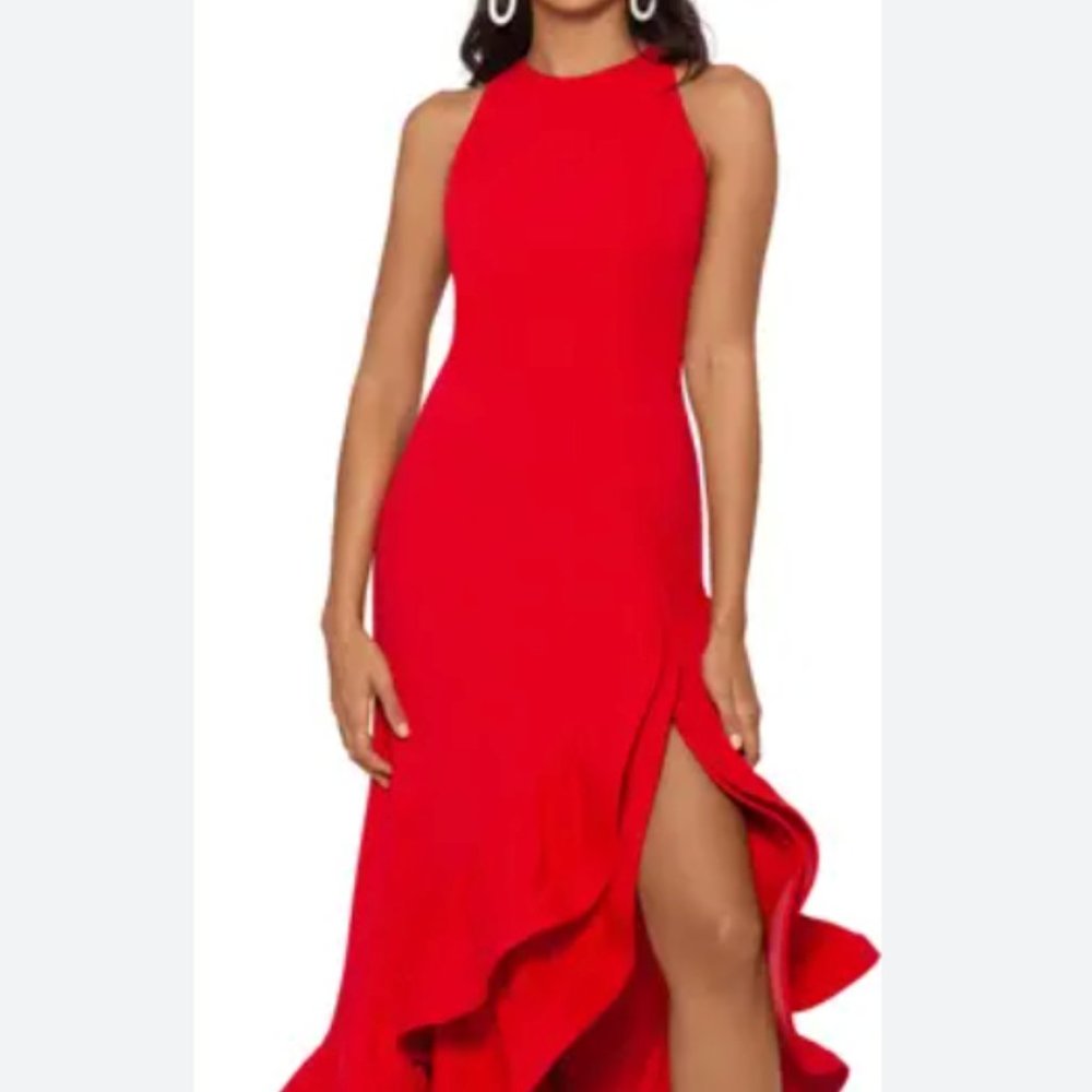 Ruffle Halter Crepe Gown BETSY & ADAM